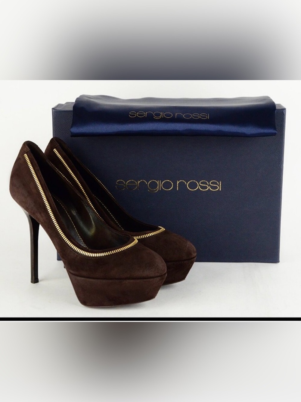 SERGIO ROSSI SHOES AGATA PLATFORM PUMPS BROWN SUEDE LEATHER ZIPPER
